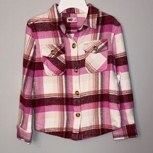 NWT SO Pink and Cream Plaid Button-Down Shirt Shacket Youth M